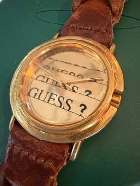 GUESS 1995 Vintage Women’s Brown Leather Braided Strap Watch with Gold-Tone Case